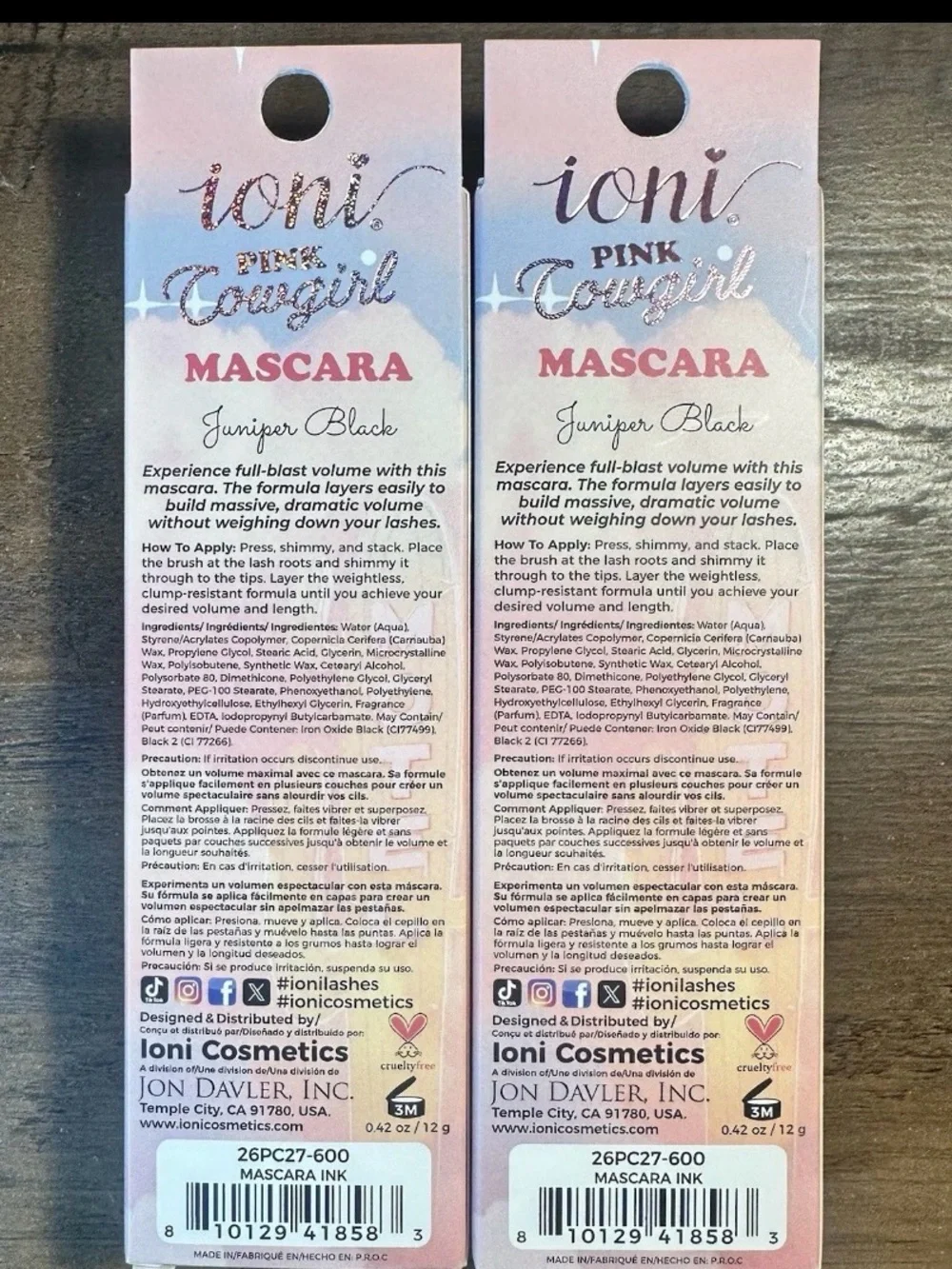 Ioni Pink Cowgirl 2pc Mascara ~Juniper Black ~ Volumizing Long Wearing Vegan New